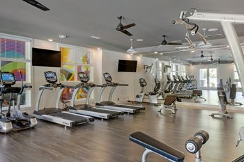 A gym with treadmills, exercise bikes, and dumbbells.